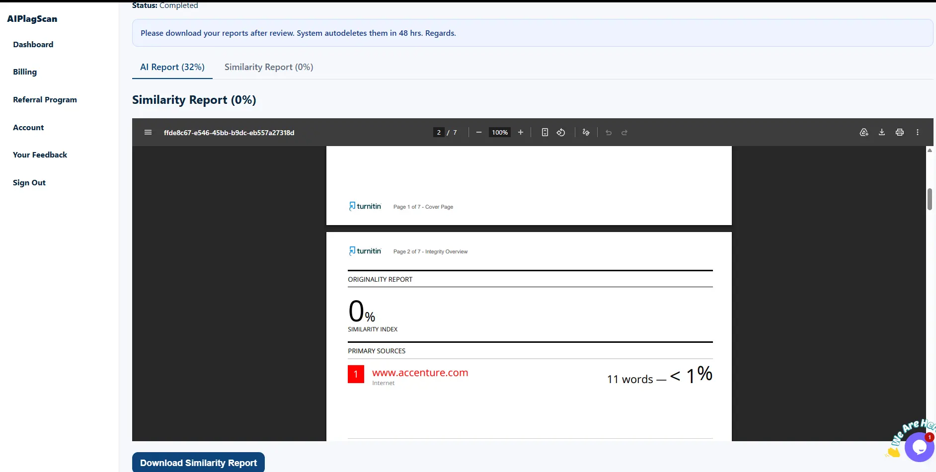 AIPlagScan sample report preview showing how users view reports and download PDF files